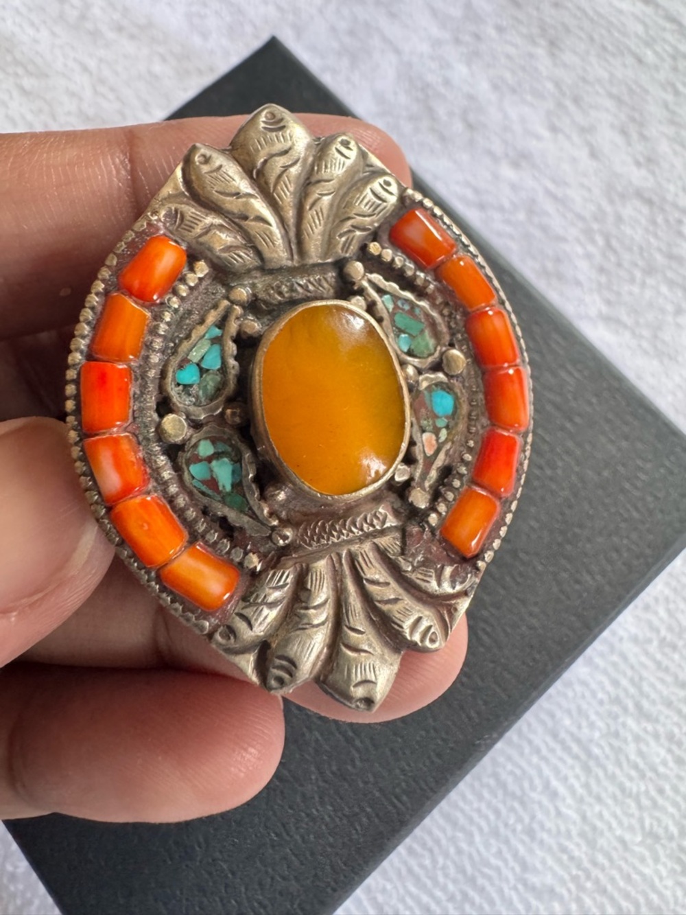 Handcrafted Orange & Turquoise Statement Ring- Unbranded - Picture 3 of 7